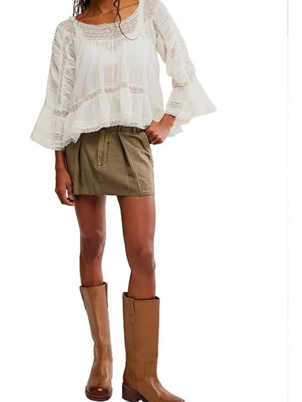 🌷Free People She's A Romantic Boat Neck Bell Sleeve Lace Paneling Blouse